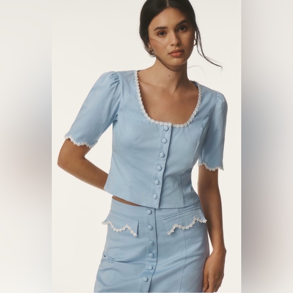 Anthropologie Tops - NWOT Anthropologie Maeve Light Blue Scoop-Neck Lace-Trim Blouse